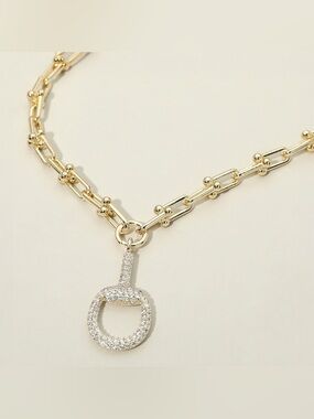 14K Gold Plated Chunky Industrial Chain CZ Pave Half Horsebit Pendant Necklace